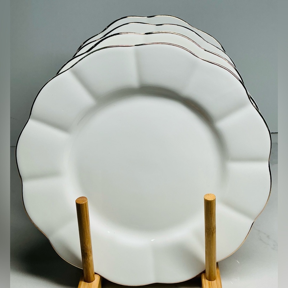 4 Salad Plate’s Grace Teaware White Ruffle Gold Trim Fine Porcelain New